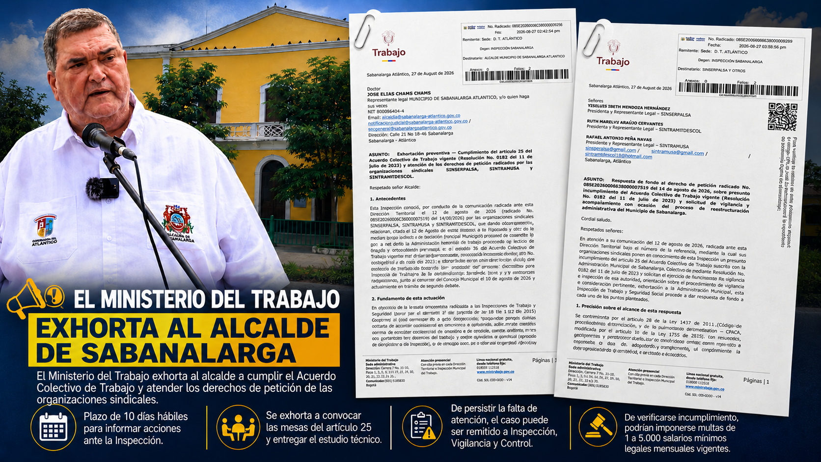 Hombre en conferencia con micrófono y documentos oficiales “Trabajo” sobre fondo de edificio amarillo.