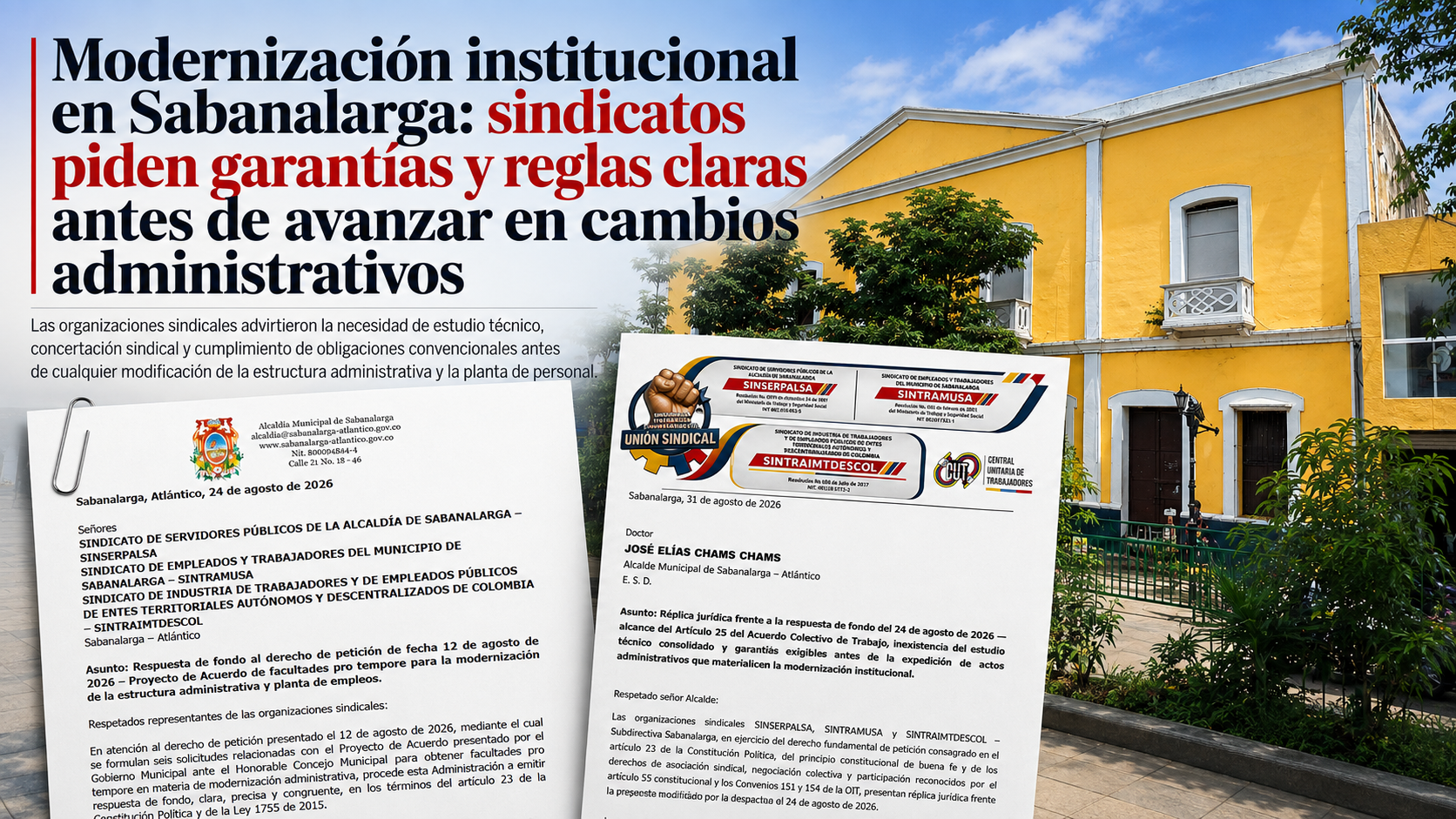 Edificio amarillo con documentos sindicales superpuestos y titulares sobre modernización institucional en Sabanalarga.