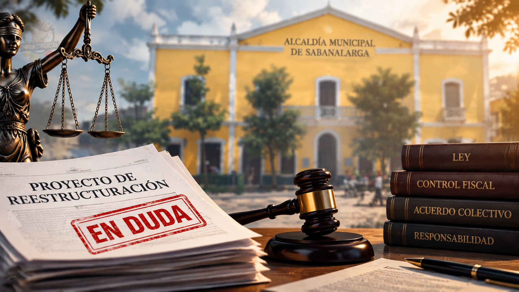 Busto de justicia, balanza y martillo sobre documentos; libros legales y edificio municipal amarillo al fondo.